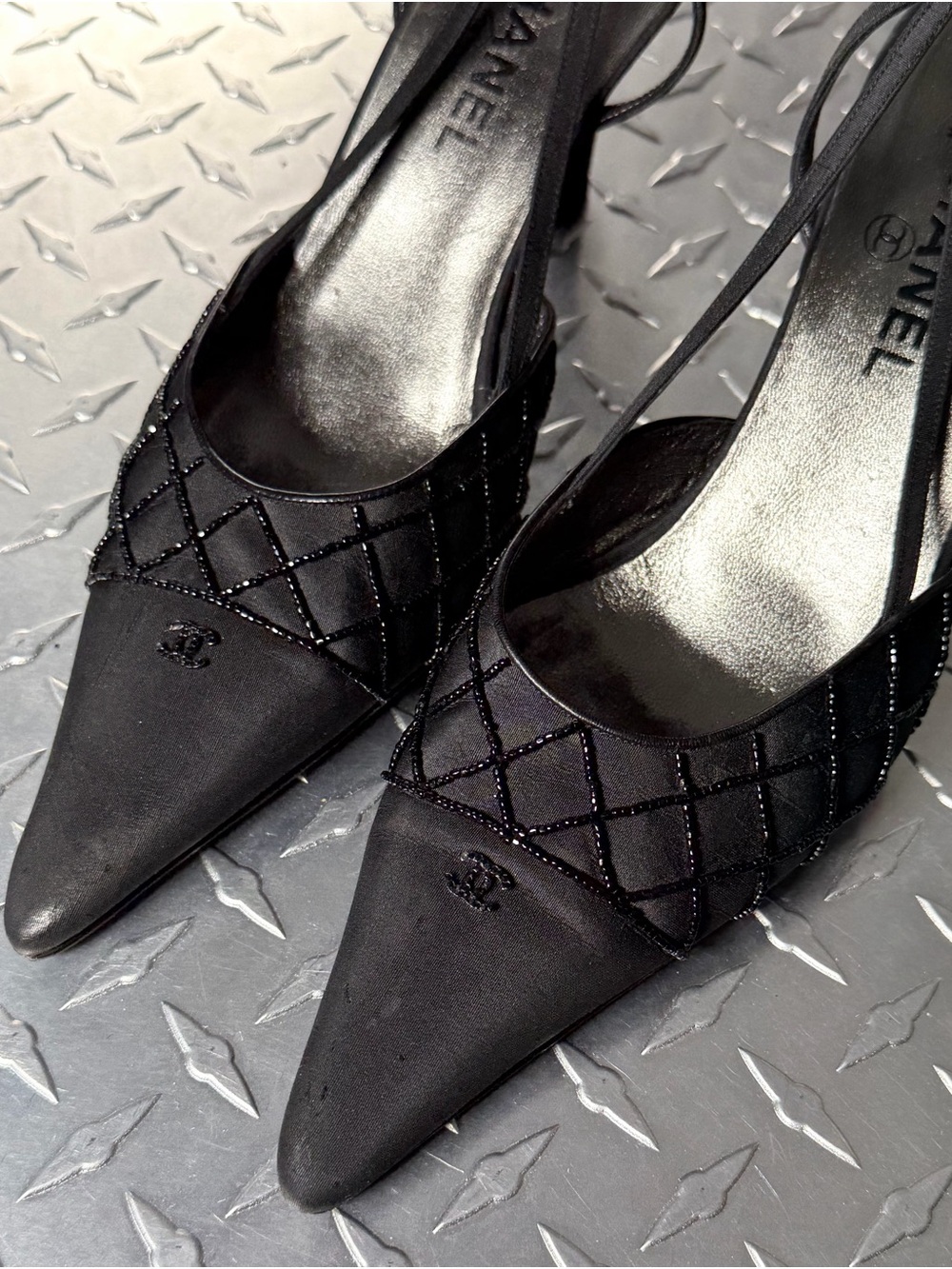 Chanel Vintage Satin Embellished Logo Slingbacks in Black 40.5 - Picture 5 of 7